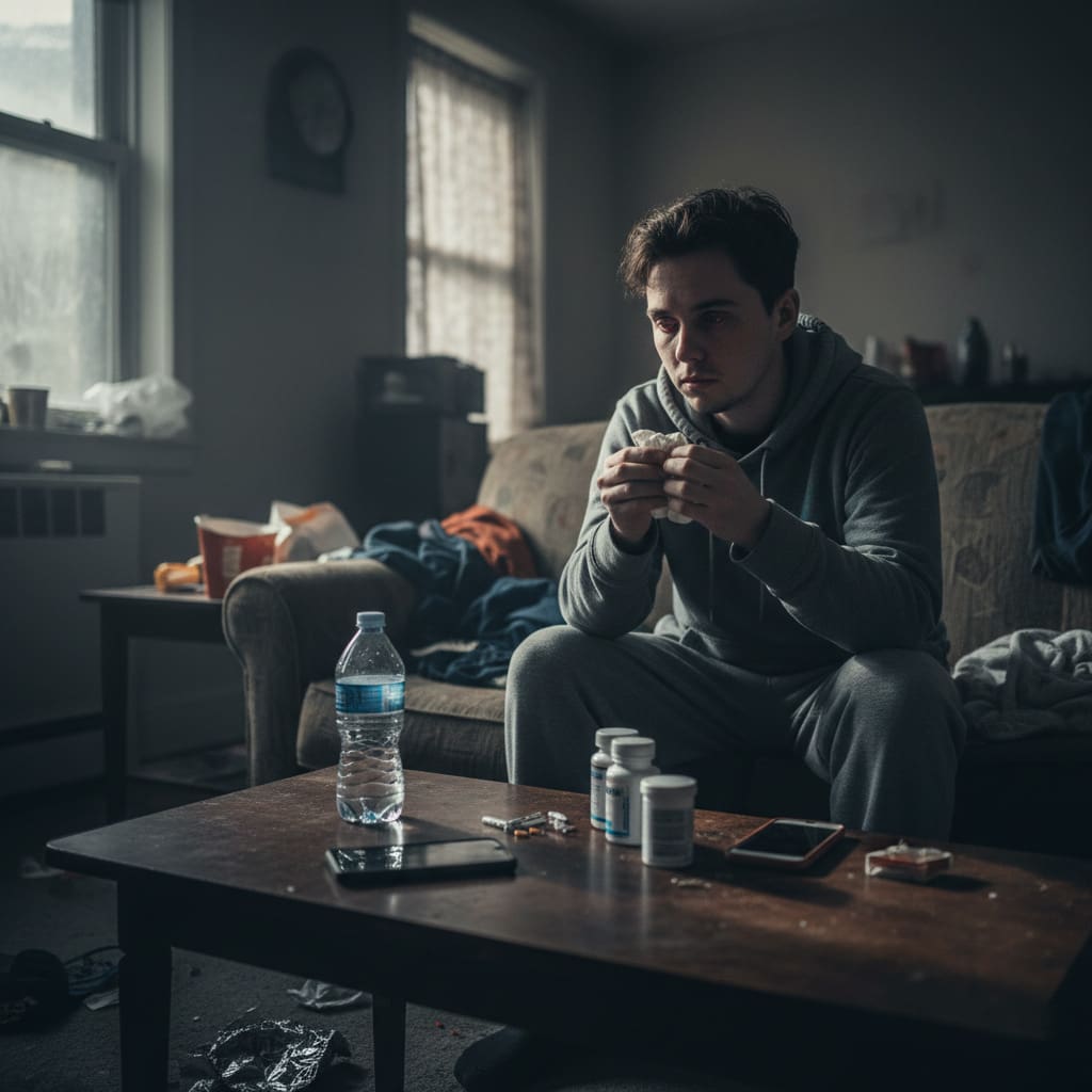 Man struggling with an opioid addiction andi n a dark place.