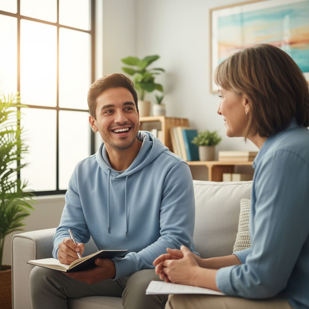 Man smiling because he is getting help from opioid addiction.