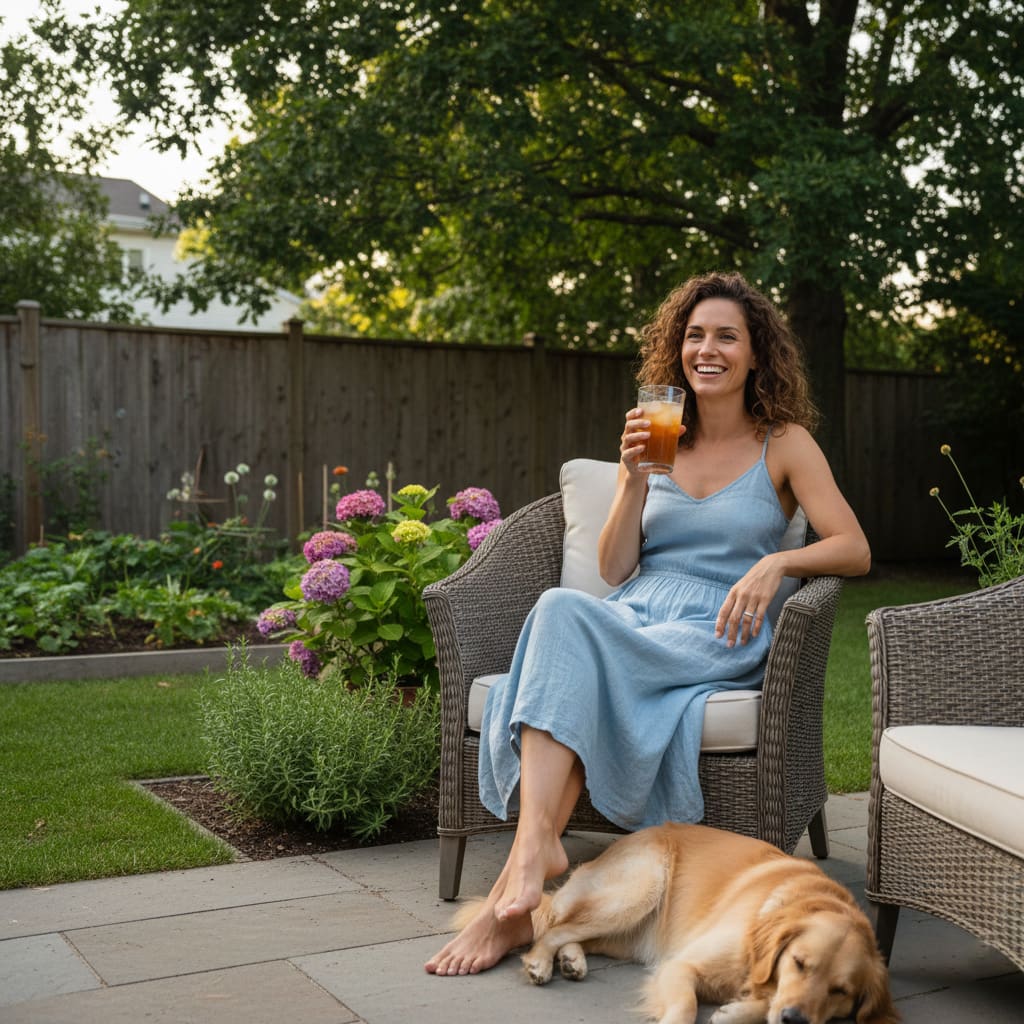 Happy woman relaxing in the backyard without alcohol at the end of the day.
